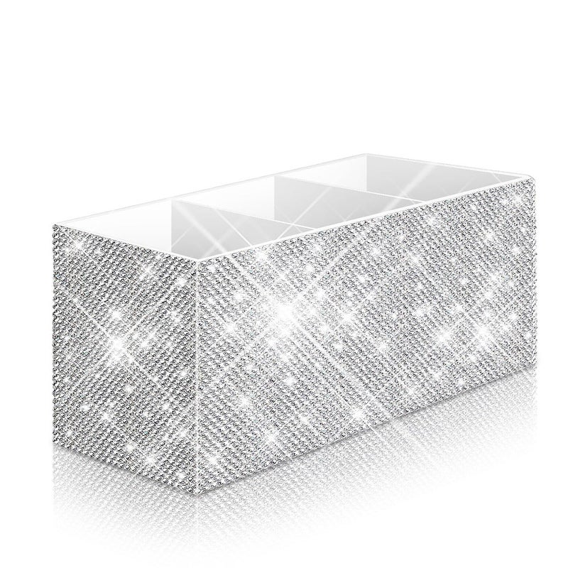 Yivaiks Bling Makeup Brush Holder Organizer, 3 Slot Sparkle Cosmetics Brushes Storage Holders with Shiny Rhinestones, Glitter Cute Pen and Pencil Holder for Desk, Eyeliners Display Case for Vanityï¼ˆWhiteï¼‰ - Image 1