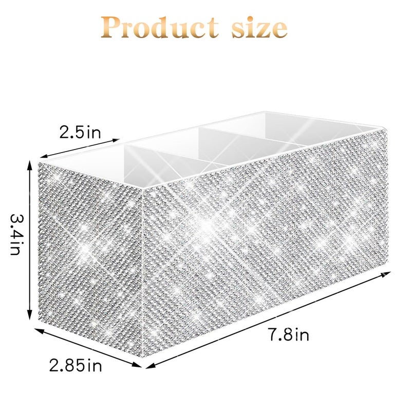 Yivaiks Bling Makeup Brush Holder Organizer, 3 Slot Sparkle Cosmetics Brushes Storage Holders with Shiny Rhinestones, Glitter Cute Pen and Pencil Holder for Desk, Eyeliners Display Case for Vanityï¼ˆWhiteï¼‰ - Image 3