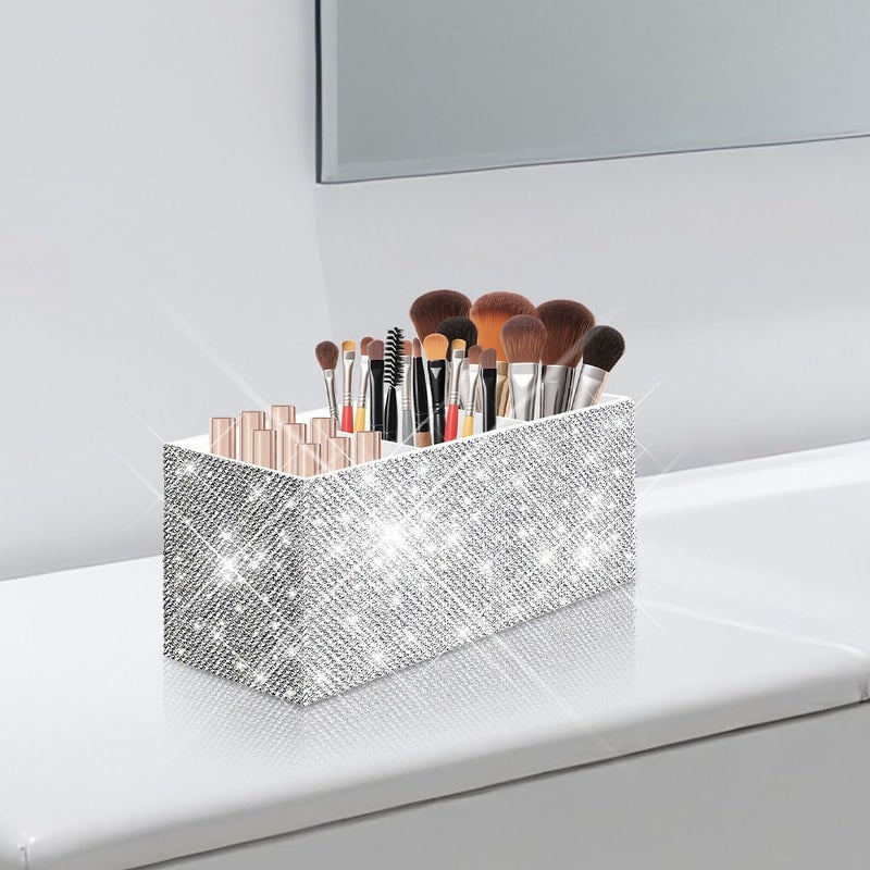 Yivaiks Bling Makeup Brush Holder Organizer, 3 Slot Sparkle Cosmetics Brushes Storage Holders with Shiny Rhinestones, Glitter Cute Pen and Pencil Holder for Desk, Eyeliners Display Case for Vanityï¼ˆWhiteï¼‰ - Image 5