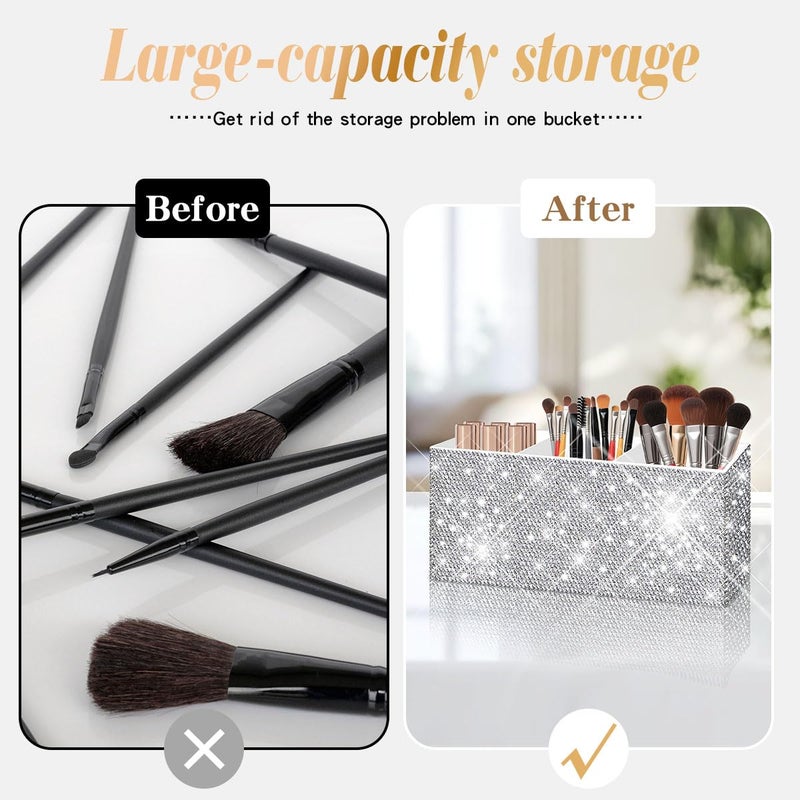 Yivaiks Bling Makeup Brush Holder Organizer, 3 Slot Sparkle Cosmetics Brushes Storage Holders with Shiny Rhinestones, Glitter Cute Pen and Pencil Holder for Desk, Eyeliners Display Case for Vanityï¼ˆWhiteï¼‰ - Image 4