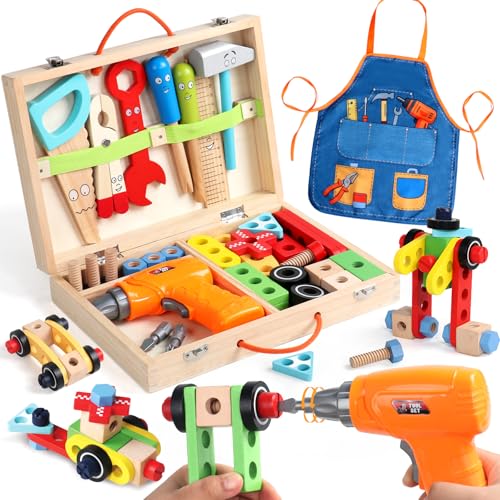 TONZE Kids Tool Set with Drill Educational Montessori Toys for 3 Year Old Boys 44 Pcs STEM Kids Toys Wooden Toddler Tool Set with Apron Box Birthday Gifts for 3 4 5 Year Old Boy Girl - Image 1