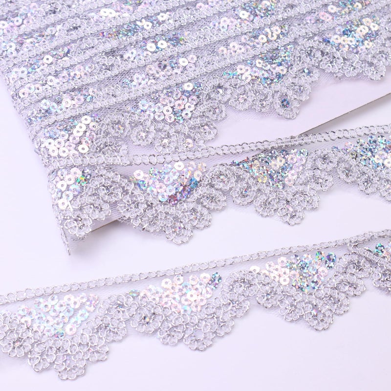 SEWDIYTR Silvery Lace Trim 5 Yards Beaded Lace Ribbon Applique Sequin Lace Mesh Trim for Sewing Crafts 1.6inch - Image 2
