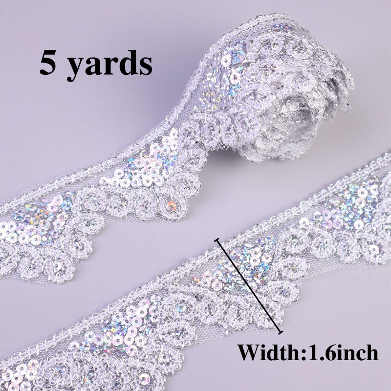 SEWDIYTR Silvery Lace Trim 5 Yards Beaded Lace Ribbon Applique Sequin Lace Mesh Trim for Sewing Crafts 1.6inch - Image 5