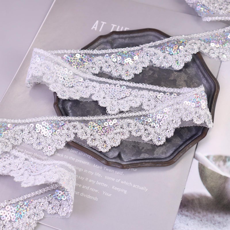 SEWDIYTR Silvery Lace Trim 5 Yards Beaded Lace Ribbon Applique Sequin Lace Mesh Trim for Sewing Crafts 1.6inch - Image 3