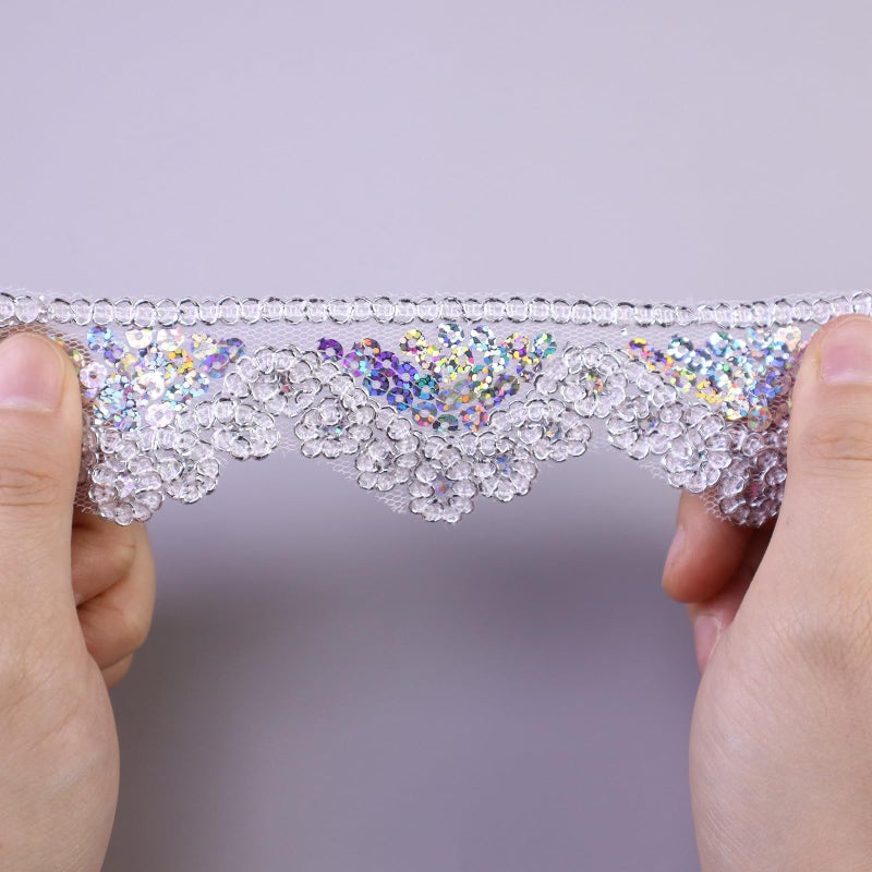SEWDIYTR Silvery Lace Trim 5 Yards Beaded Lace Ribbon Applique Sequin Lace Mesh Trim for Sewing Crafts 1.6inch - Image 4