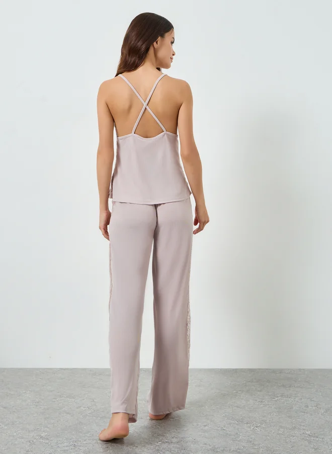 Styli  Pink Lace Trim Cami And Pyjama Set for Women | Best Price UAE