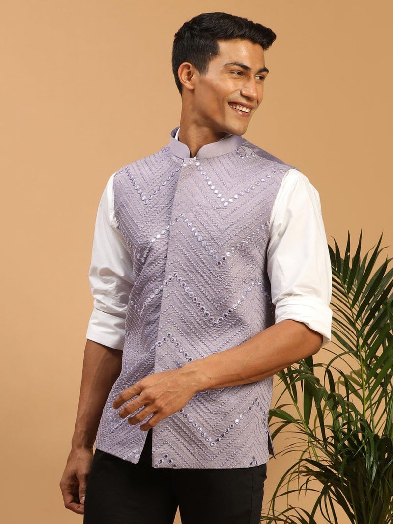 VASTRAMAY Men's Purple Mirror Work Nehru Jacket | Mirror Work Chevron Pattern Chic Jacket For Men - Image 2