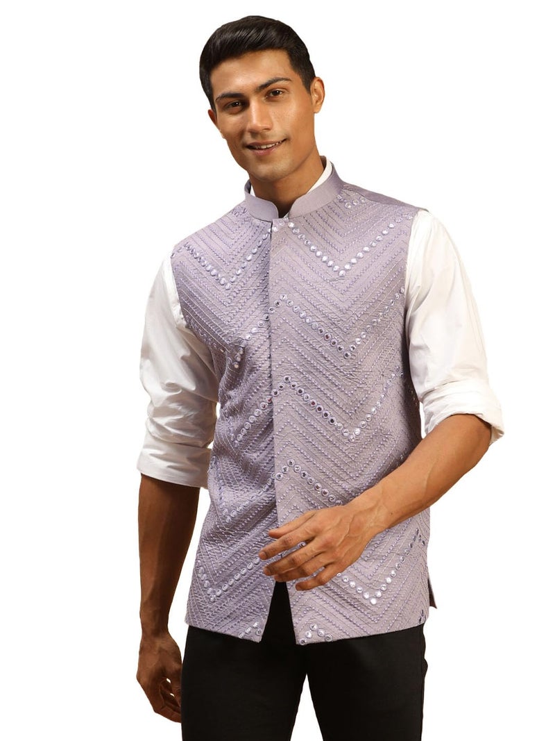 VASTRAMAY Men's Purple Mirror Work Nehru Jacket | Mirror Work Chevron Pattern Chic Jacket For Men - Image 1