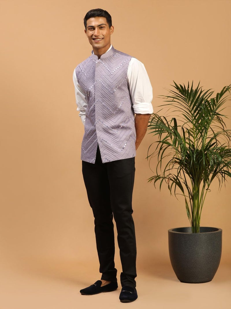 VASTRAMAY Men's Purple Mirror Work Nehru Jacket | Mirror Work Chevron Pattern Chic Jacket For Men - Image 5