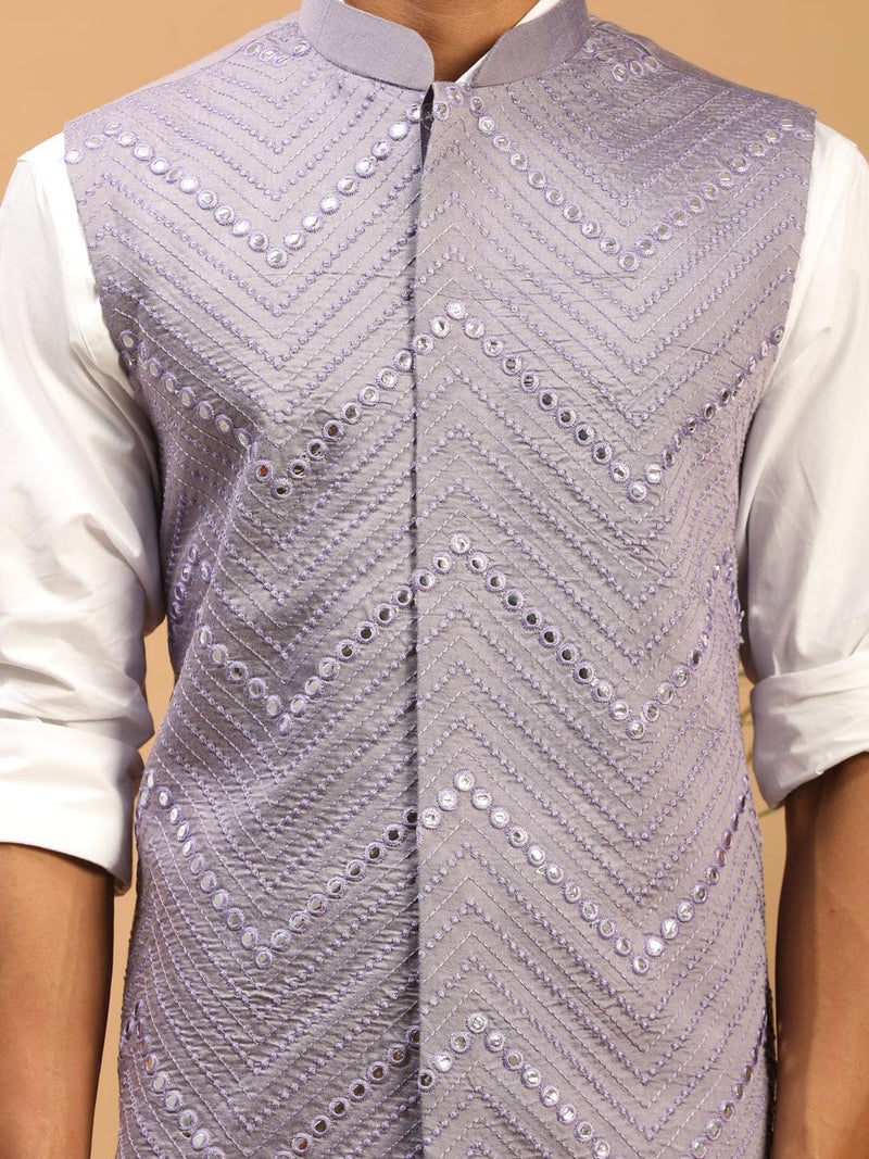 VASTRAMAY Men's Purple Mirror Work Nehru Jacket | Mirror Work Chevron Pattern Chic Jacket For Men - Image 4
