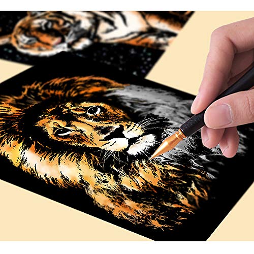 MIASTAR Scratch & Sketch Art for Kids & Adults, Rainbow Painting Night View Scratchboard(A4), Art & Craft, 4 Sheets Scratch Cards & Drawing Pen, Clean Brush (Wild Beast) - Image 2