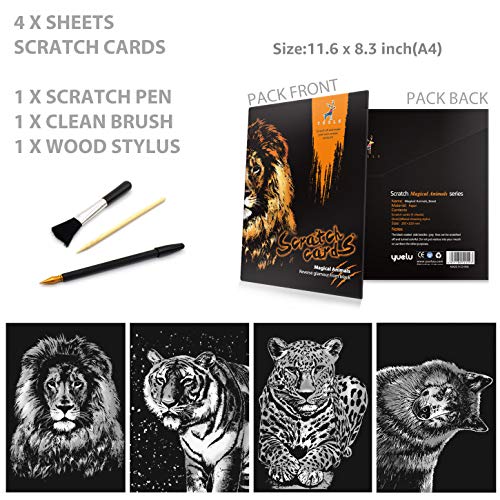 MIASTAR Scratch & Sketch Art for Kids & Adults, Rainbow Painting Night View Scratchboard(A4), Art & Craft, 4 Sheets Scratch Cards & Drawing Pen, Clean Brush (Wild Beast) - Image 3