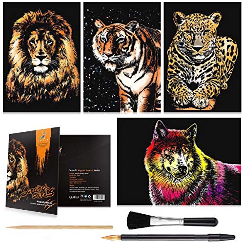 MIASTAR Scratch & Sketch Art for Kids & Adults, Rainbow Painting Night View Scratchboard(A4), Art & Craft, 4 Sheets Scratch Cards & Drawing Pen, Clean Brush (Wild Beast) - Image 1