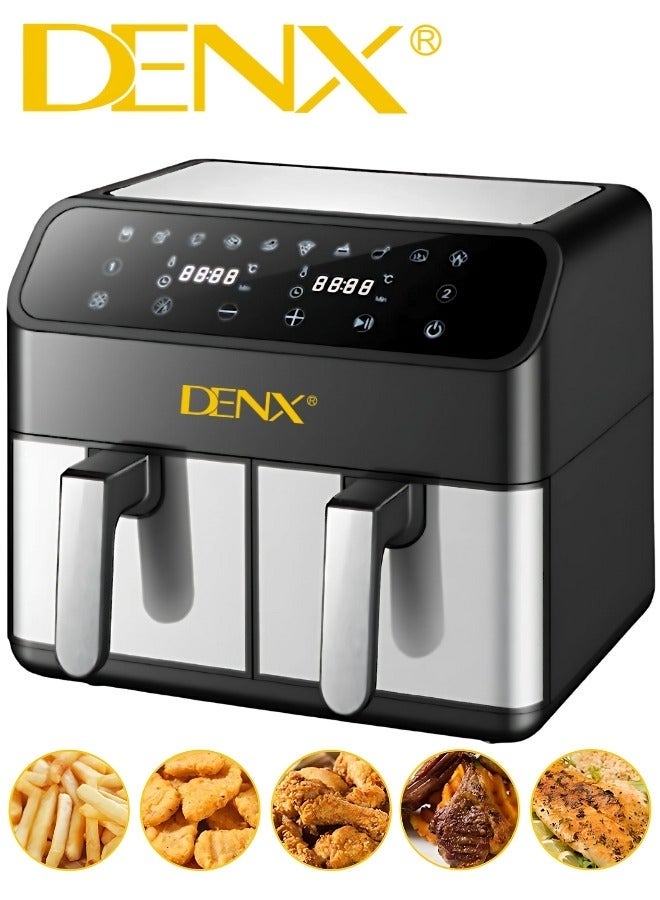 Denx Dual Basket Air Fryer - Versatile Stainless Steel Double Air Fryer, 4L + 4L Capacity, Two Independent Cooking Zones, Touch Control Panel, Smart Temperature Control, Automatic Electric Fryer for Grilling, Baking, and Roasting - Image 2