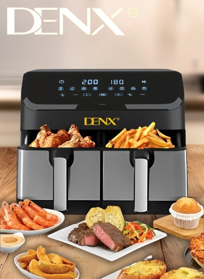 Denx Dual Basket Air Fryer - Versatile Stainless Steel Double Air Fryer, 4L + 4L Capacity, Two Independent Cooking Zones, Touch Control Panel, Smart Temperature Control, Automatic Electric Fryer for Grilling, Baking, and Roasting - Image 1