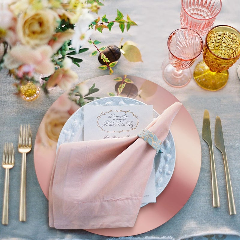 KesaPlan 100PCS Round Rose Gold Placemats, 13" Disposable Paper Placemats for Dining Table, Mirrored Rose Gold Charger Place Mat for Kitchen Banquet Table Setting Wedding Birthday Dinner Party Decor - Image 3