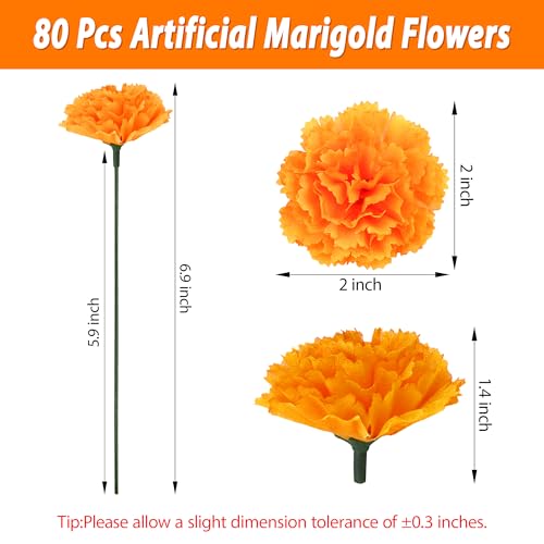 GOMALL 80 Pcs Artificial Marigold Flowers,2" Silk Marigold Flower Heads with Stems,Orange Flowers Artificial for Diwali Decor,Indian Wedding,Home,DIY Wreath Garland,Day of The Dead Decorations - Image 2