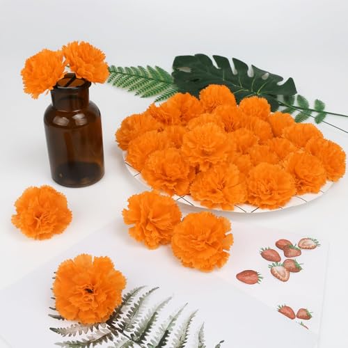 GOMALL 80 Pcs Artificial Marigold Flowers,2" Silk Marigold Flower Heads with Stems,Orange Flowers Artificial for Diwali Decor,Indian Wedding,Home,DIY Wreath Garland,Day of The Dead Decorations - Image 3