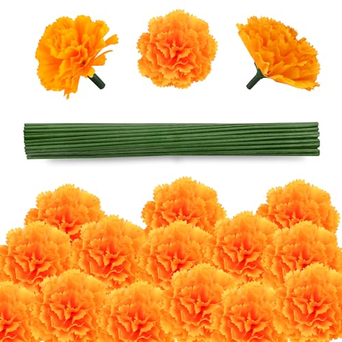 GOMALL 80 Pcs Artificial Marigold Flowers,2" Silk Marigold Flower Heads with Stems,Orange Flowers Artificial for Diwali Decor,Indian Wedding,Home,DIY Wreath Garland,Day of The Dead Decorations - Image 1