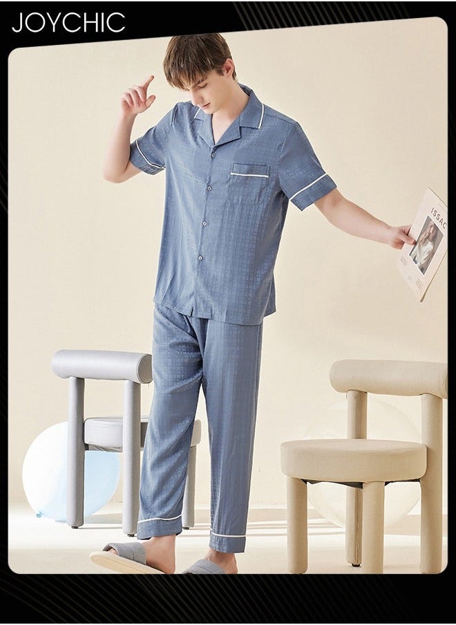 NIBEMINENT - Modern Style Summer Ice Silk Short-sleeved Long Pants Pajama Set Comfty Breathable Men's Home Clothes Button Front Bedroom Sleepwear Blue - Image 1