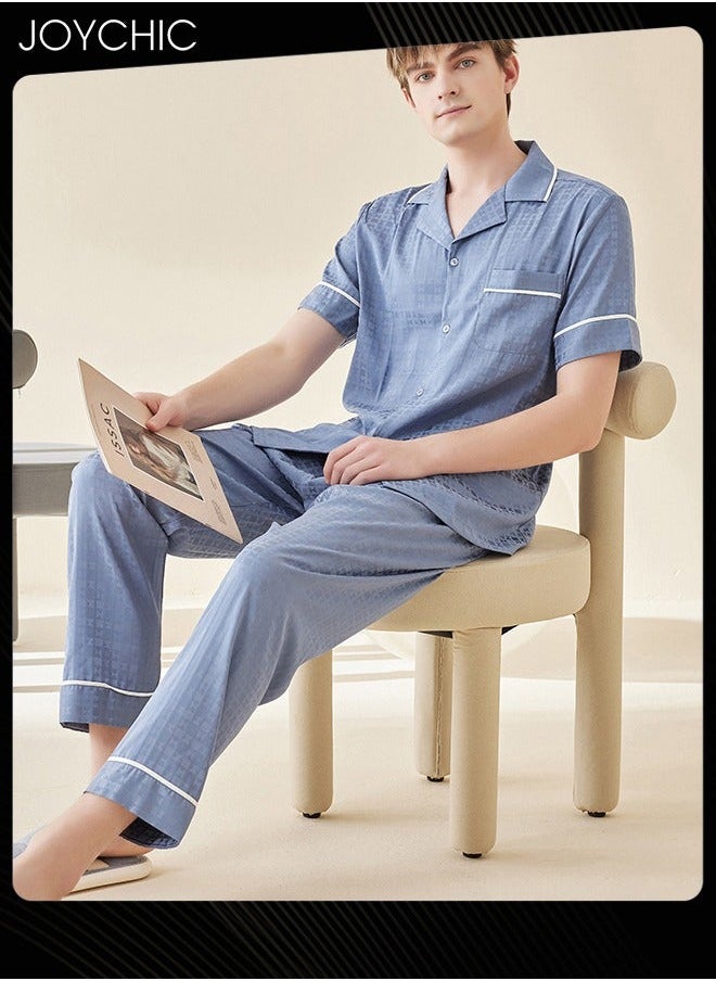 NIBEMINENT - Modern Style Summer Ice Silk Short-sleeved Long Pants Pajama Set Comfty Breathable Men's Home Clothes Button Front Bedroom Sleepwear Blue - Image 1