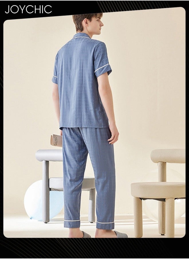 NIBEMINENT - Modern Style Summer Ice Silk Short-sleeved Long Pants Pajama Set Comfty Breathable Men's Home Clothes Button Front Bedroom Sleepwear Blue - Image 1
