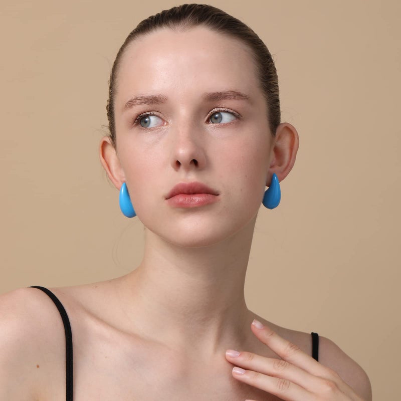 Apsvo Chunky Gold Hoop Earrings for Women, Lightweight Waterdrop Hollow Open Hoops, Hypoallergenic Gold Plated Teardrop Tear Drop Earrings Fashion Jewelry (Blue) - Image 3