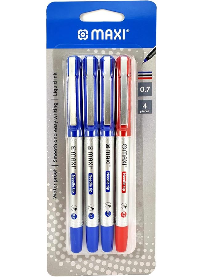 ماكسي قلم حبر برأس إبرة 0.7 ملم مكون من 4 قطع 2 أزرق زائد 1 أسود زائد 1 أحمر - Image 1