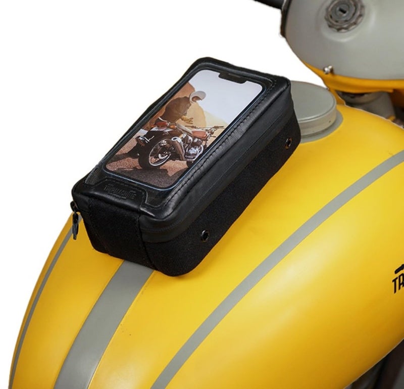 Trip Machine Company Navigator Magnetic Motorcycle Tank Pouch with Touch-Friendly Phone Holder | Anti Slip Maps Navigation Pouch Compatible with Royal Enfield, Honda, Bajaj, TVS, Jawa, Triumph - All Black - Image 1