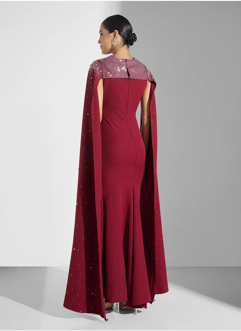 نمشي x Embellished Dress With Exaggerated Cape