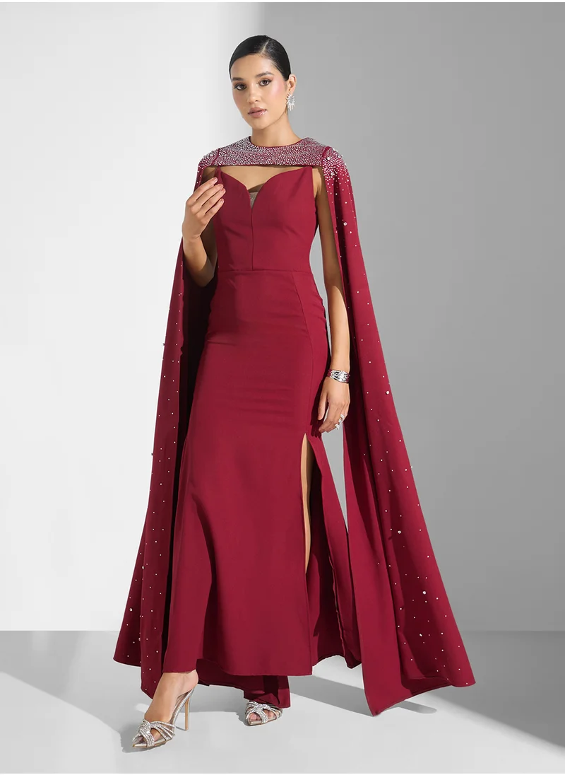 نمشي x Embellished Dress With Exaggerated Cape