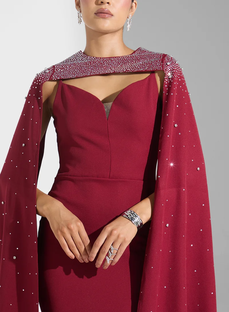 Namshi x Embellished Dress With Exaggerated Cape