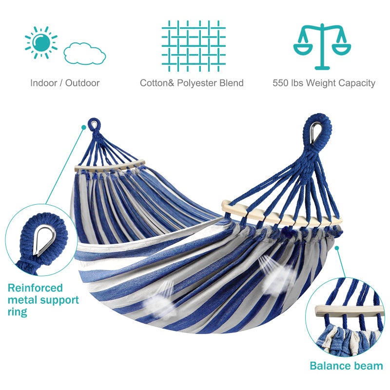 MOSFiATA Hammocks Portable Camping Hammock Upgraded 550lb Comfortable Fabric Hammock with Two Anti Roll Balance Beam and Sturdy Metal Knot Tree Straps for Camping, Patio, Backyard, Outdoor(Blue White) - Image 2
