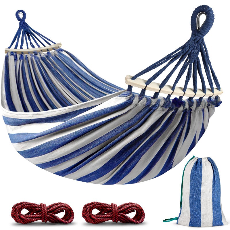 MOSFiATA Hammocks Portable Camping Hammock Upgraded 550lb Comfortable Fabric Hammock with Two Anti Roll Balance Beam and Sturdy Metal Knot Tree Straps for Camping, Patio, Backyard, Outdoor(Blue White) - Image 1
