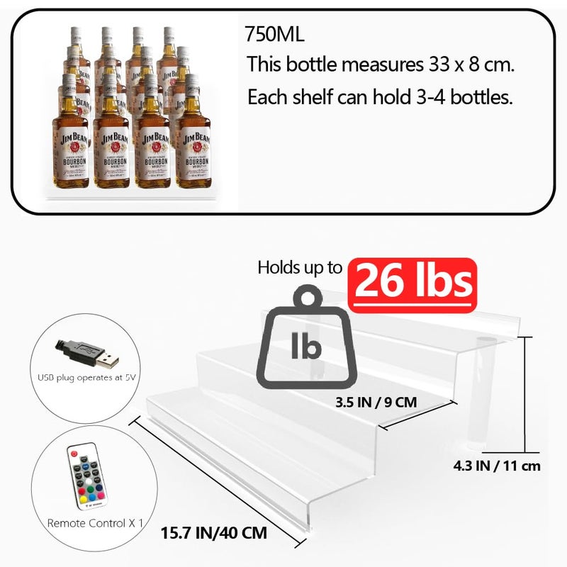 YMVV LED Lighted Liquor Bottle Acrylic Display, 3 Tiers 15.7 Inch LED Liquor Shelves with RF Remote, Liquor Bottle Accessories Shelf for Home Bar - Image 3