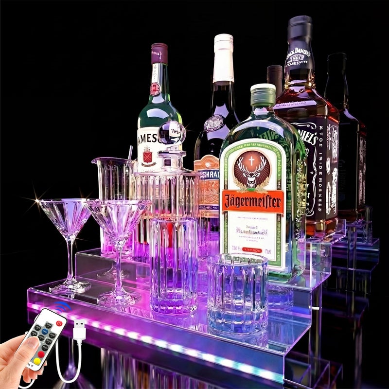 YMVV LED Lighted Liquor Bottle Acrylic Display, 3 Tiers 15.7 Inch LED Liquor Shelves with RF Remote, Liquor Bottle Accessories Shelf for Home Bar - Image 1