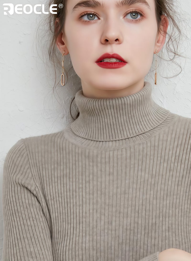 ريوكل سويت شيرت نسائي بياقة عالية بتصميم محبوك مضلع ومزيج دافئ من الصوف بقصة ضيقة تناسب الأزياء الاحترافية للمكتب وتناسب التنقل - Image 5