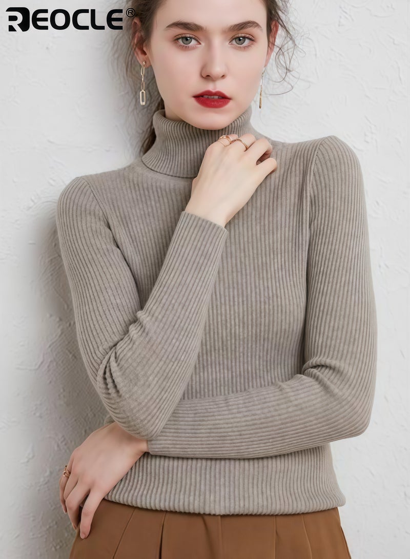 ريوكل سويت شيرت نسائي بياقة عالية بتصميم محبوك مضلع ومزيج دافئ من الصوف بقصة ضيقة تناسب الأزياء الاحترافية للمكتب وتناسب التنقل - Image 2