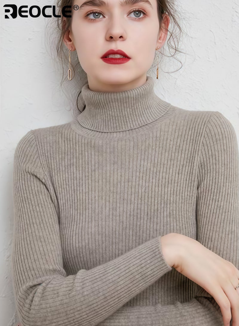 ريوكل سويت شيرت نسائي بياقة عالية بتصميم محبوك مضلع ومزيج دافئ من الصوف بقصة ضيقة تناسب الأزياء الاحترافية للمكتب وتناسب التنقل - Image 1