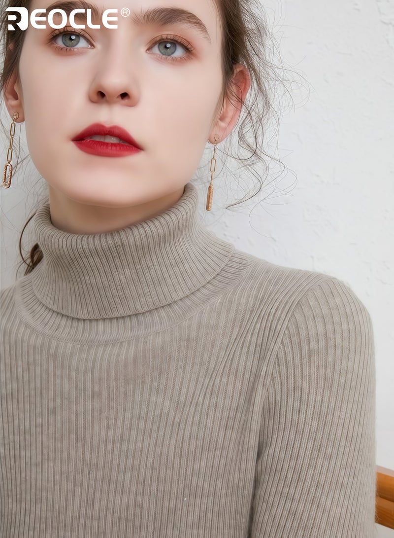ريوكل سويت شيرت نسائي بياقة عالية بتصميم محبوك مضلع ومزيج دافئ من الصوف بقصة ضيقة تناسب الأزياء الاحترافية للمكتب وتناسب التنقل - Image 3