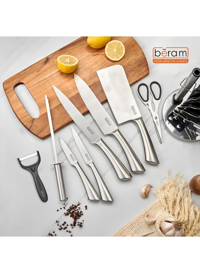 Beram 9 Pieces Kitchen Knife Sets Spinning Magnetic Block High Carbon Stainless Steel Blades Knife Non-stick Non-slip For Everyday Use and Includes Knife Sharpener and Scissors  (Plain Handle) - Image 4