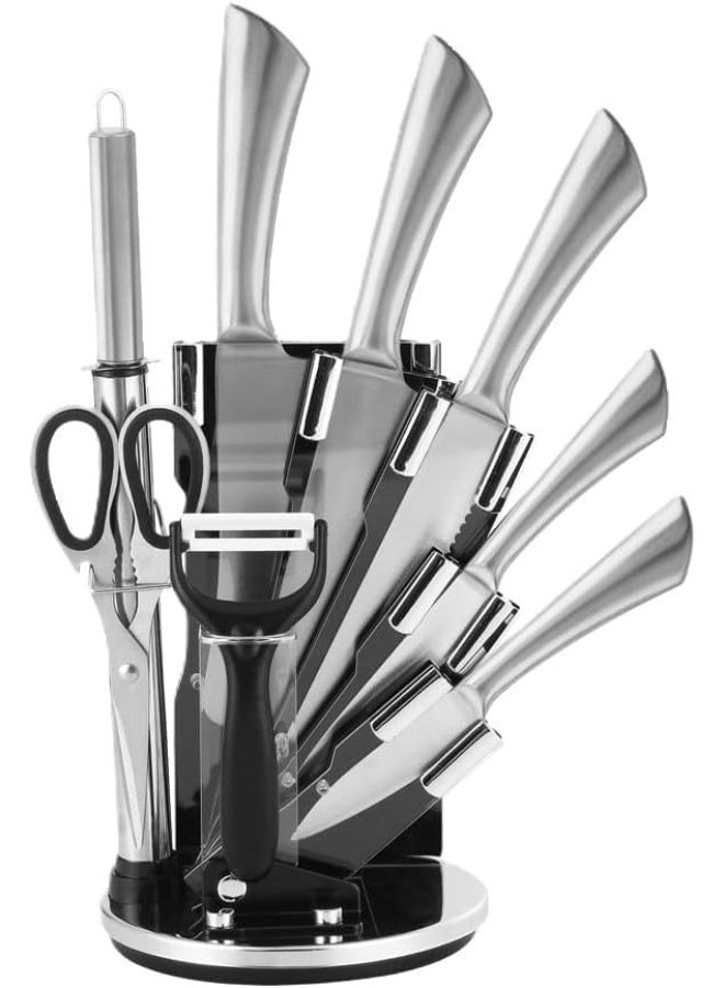 Beram 9 Pieces Kitchen Knife Sets Spinning Magnetic Block High Carbon Stainless Steel Blades Knife Non-stick Non-slip For Everyday Use and Includes Knife Sharpener and Scissors  (Plain Handle) - Image 1