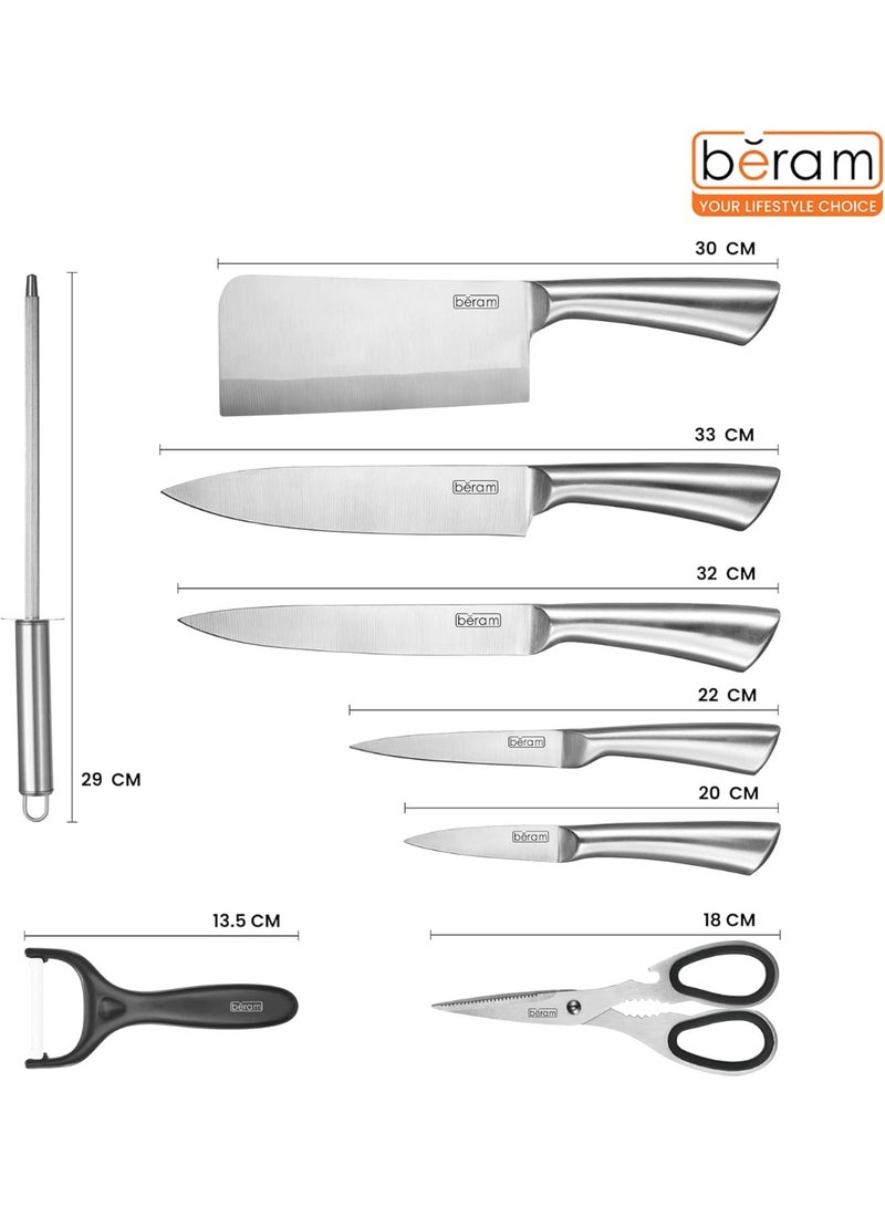 Beram 9 Pieces Kitchen Knife Sets Spinning Magnetic Block High Carbon Stainless Steel Blades Knife Non-stick Non-slip For Everyday Use and Includes Knife Sharpener and Scissors  (Plain Handle) - Image 2