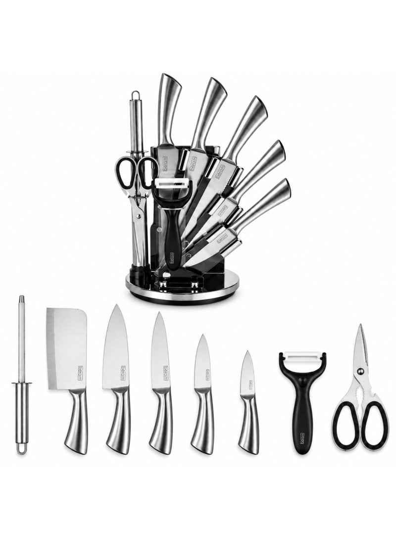 BERAM 9 Piece Stainless Steel Kitchen Knife Set with 360° Rotating Stand, 5 Sharp Kitchen Knives, Kitchen Scissors, Vegetable Peeler & Sharpening Rod, Ergonomic Handles, Knife Block Set for Chopping Slicing Cutting, Silver - Image 1