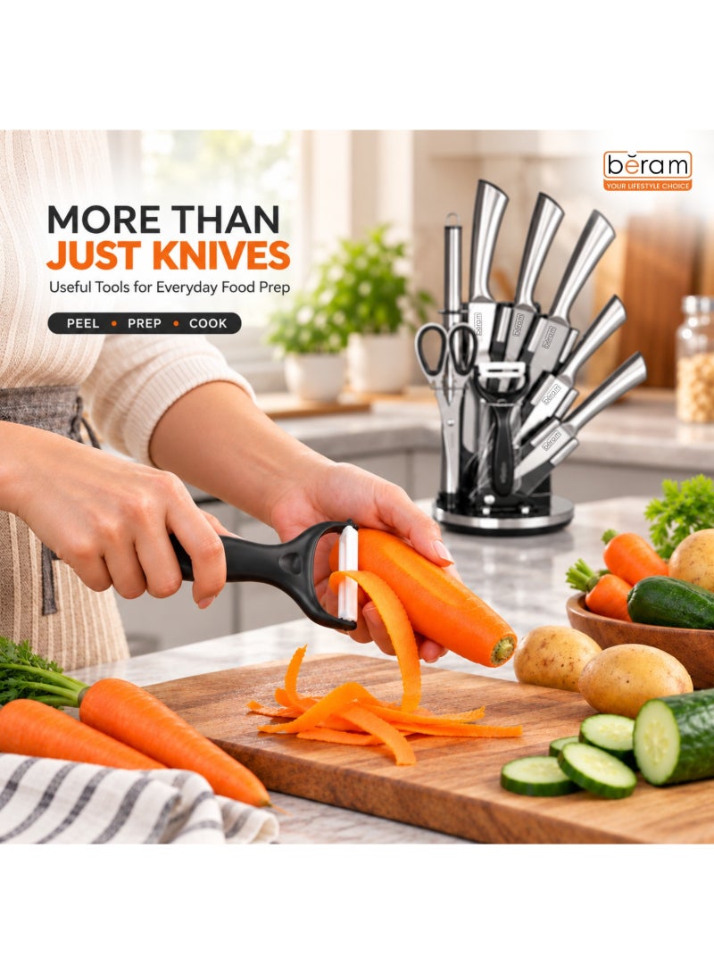 BERAM 9 Piece Stainless Steel Kitchen Knife Set with 360° Rotating Stand, 5 Sharp Kitchen Knives, Kitchen Scissors, Vegetable Peeler & Sharpening Rod, Ergonomic Handles, Knife Block Set for Chopping Slicing Cutting, Silver - Image 2