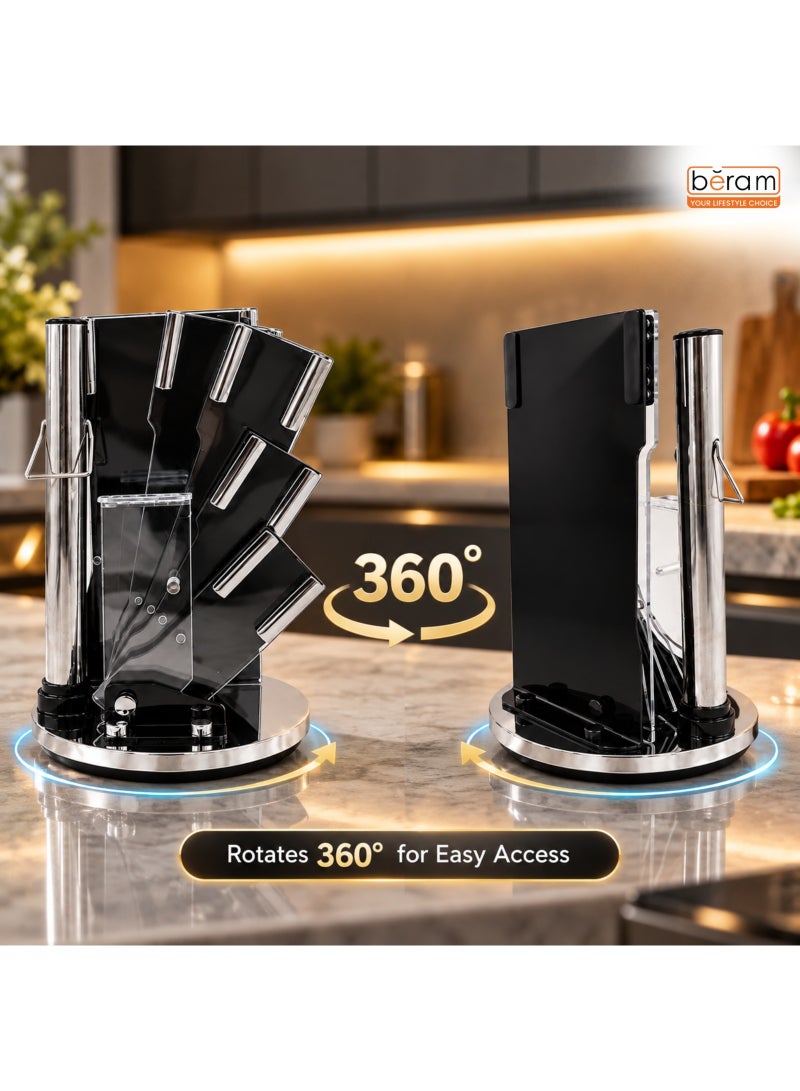 BERAM 9 Piece Stainless Steel Kitchen Knife Set with 360° Rotating Stand, 5 Sharp Kitchen Knives, Kitchen Scissors, Vegetable Peeler & Sharpening Rod, Ergonomic Handles, Knife Block Set for Chopping Slicing Cutting, Silver - Image 4