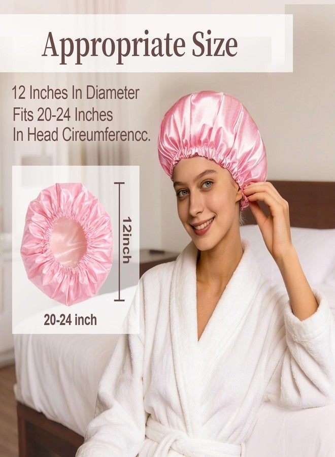 Confvrter Reusable Double Layer Satin Lined Shower Cap, Waterproof Bath Cap with Soft Satin Interior for Frizz Control, Elastic Band for Most Head Sizes, Ideal for Curly & Braided Hair, Pink - Image 4