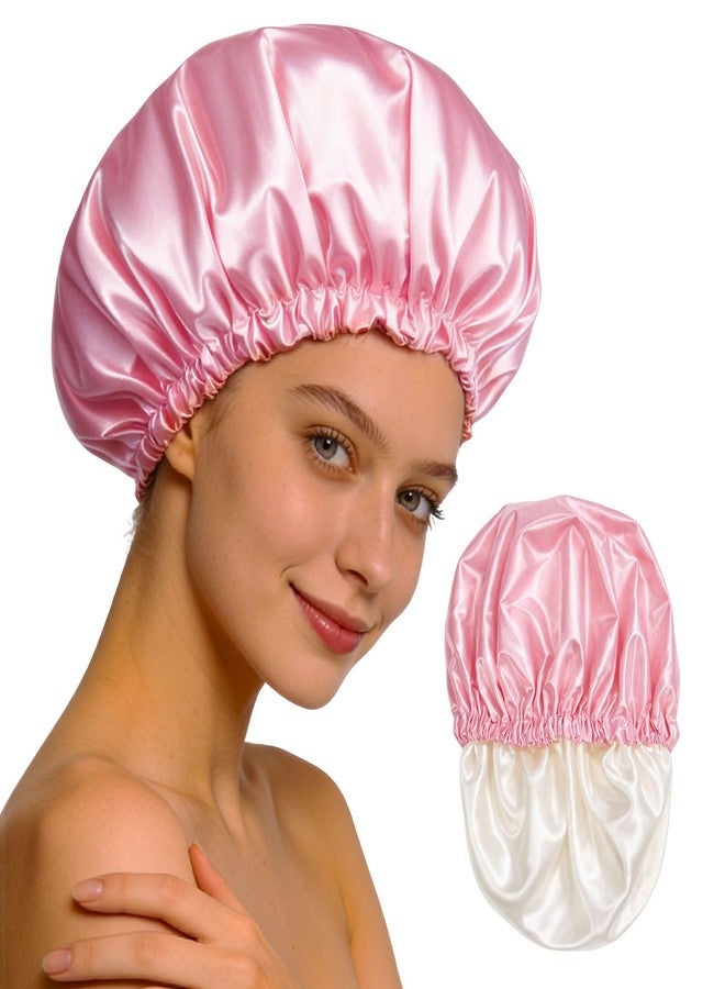 Confvrter Reusable Double Layer Satin Lined Shower Cap, Waterproof Bath Cap with Soft Satin Interior for Frizz Control, Elastic Band for Most Head Sizes, Ideal for Curly & Braided Hair, Pink - Image 1