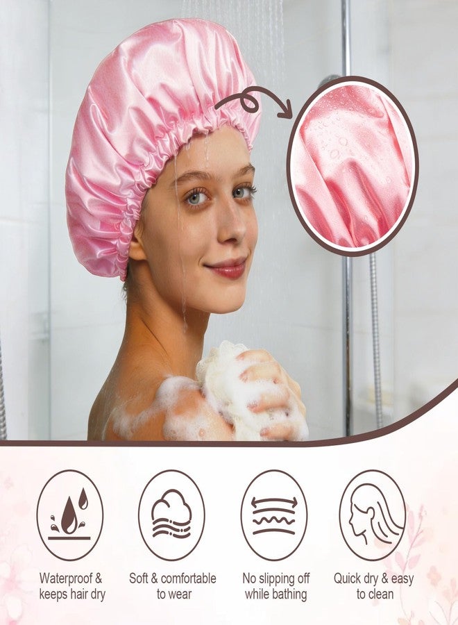 Confvrter Reusable Double Layer Satin Lined Shower Cap, Waterproof Bath Cap with Soft Satin Interior for Frizz Control, Elastic Band for Most Head Sizes, Ideal for Curly & Braided Hair, Pink - Image 3