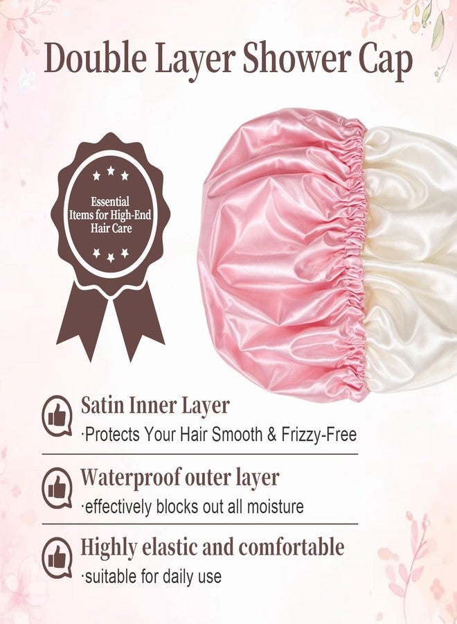 Confvrter Reusable Double Layer Satin Lined Shower Cap, Waterproof Bath Cap with Soft Satin Interior for Frizz Control, Elastic Band for Most Head Sizes, Ideal for Curly & Braided Hair, Pink - Image 2